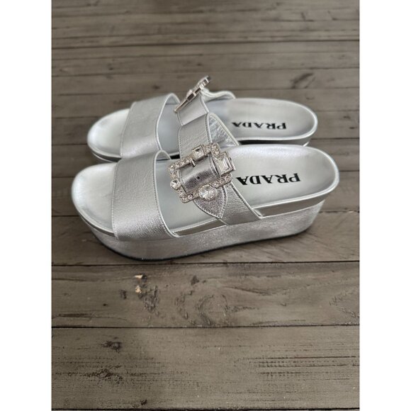 Prada Silver Metallic Leather Platform Crystal Buckle Slide Sandals Size 38 8 - Picture 1 of 10